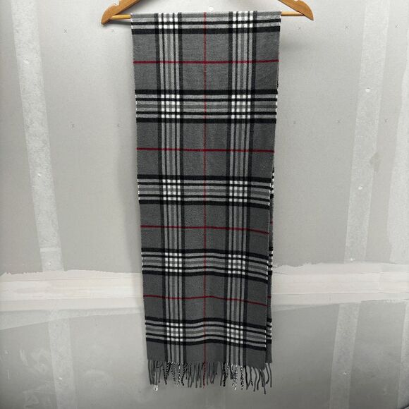 BEAUTIFUL GERMAN 100% CASHMERE HAND TAILORED GRAY SCARF PLAID FRINGED - Picture 4 of 5